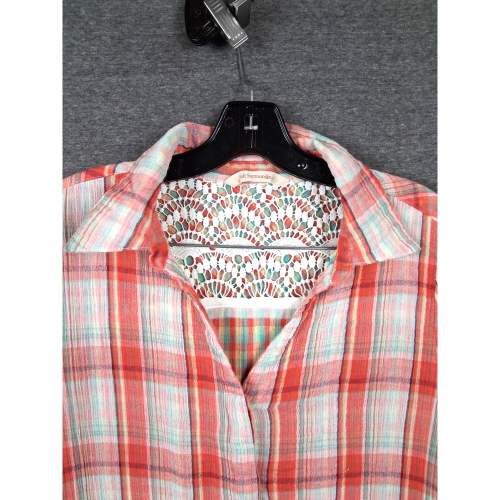 Soft Surroundings Womens‎ Shirt L Multi Plaid Gauze Coastal Resort Lightweight